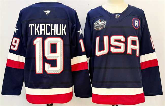 Men%27s USA #19 Matthew Tkachuk Navy 2025 With A Patch 4 Nations Face-Off Stitched Jersey